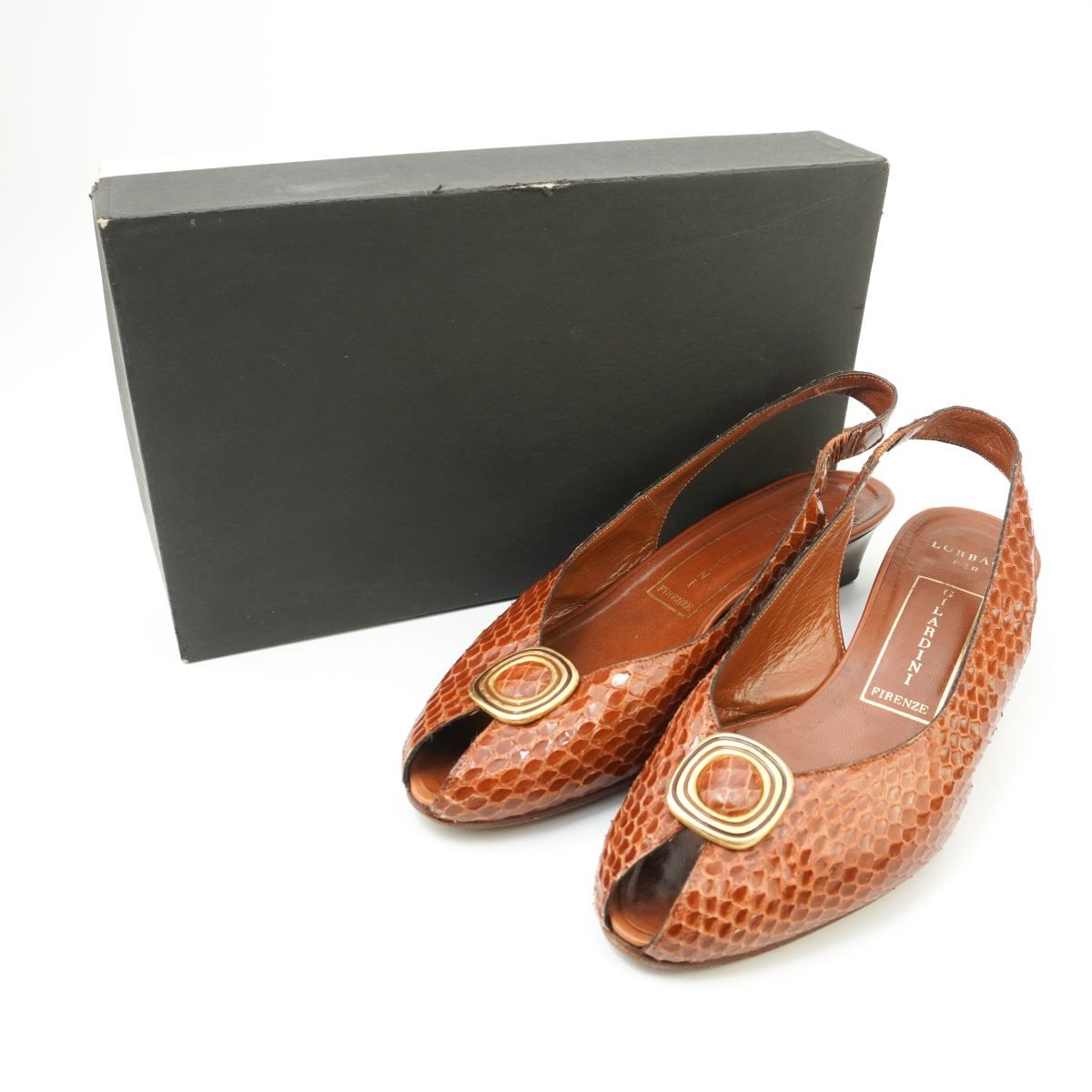 GILARDINI FIRENZE ゲラルディーニ 38 24.0 スリングバックサンダル パイソン柄 レザー ヒール イタリア製 ブラウン 茶 箱付/KD17 拍卖