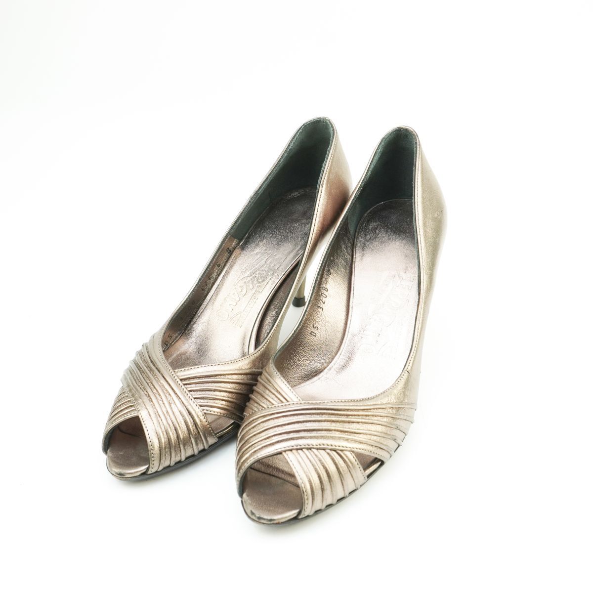 Salvatore Ferragamo サルヴァトーレフェラガモ 6 23.5 オープントゥパンプス イタリア製 ピンヒール メタリック ブロンズ/KD21拍卖