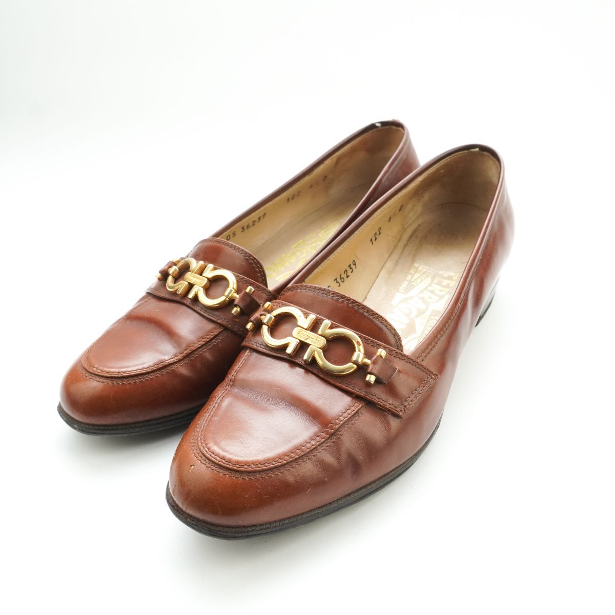 Salvatore Ferragamo サルヴァトーレフェラガモ 6 1/2 24.0 ガンチーニ ローファーパンプス ヒール イタリア製 ブラウン 茶/KD24拍卖