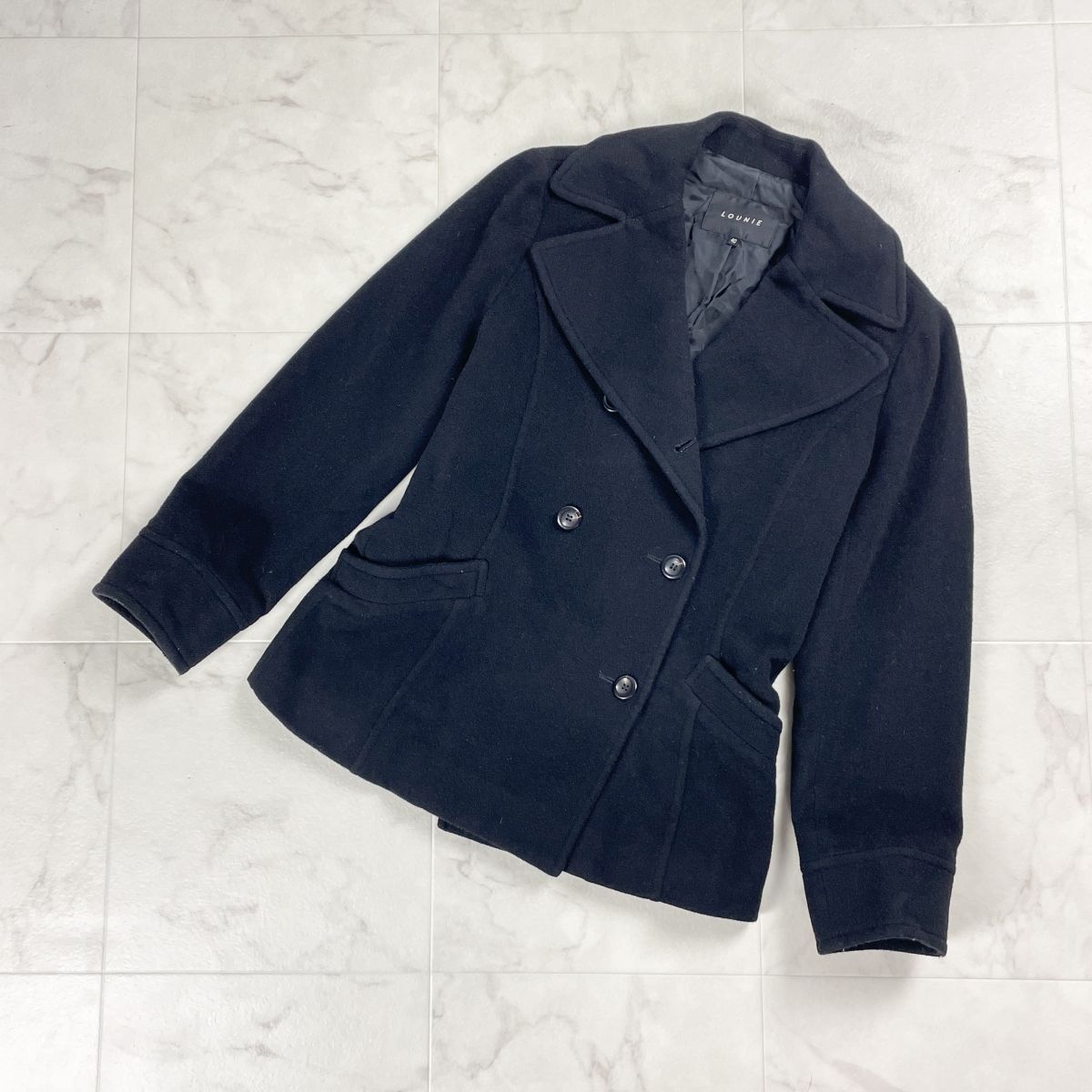 LOUNIE ルーニィ Pコート ハーフコート ショート丈 ダブルボタン 長袖 カシミヤ混 レディース 黒 ブラック サイズ40*KD95拍卖