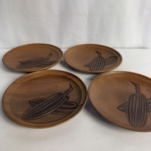 茶托 菓子器 菓子皿 4個セット 葉柄 葉っぱ柄 木彫り コースター 木製 和食器 お茶 茶道具 茶器 プレート 長期保管品 Mc R71103拍卖