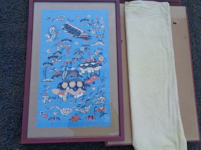 ● 芹沢けい介 芹沢銈介 型染め額装 本布サイズ60×34.5cm 1点(タトーと袋付)拍卖