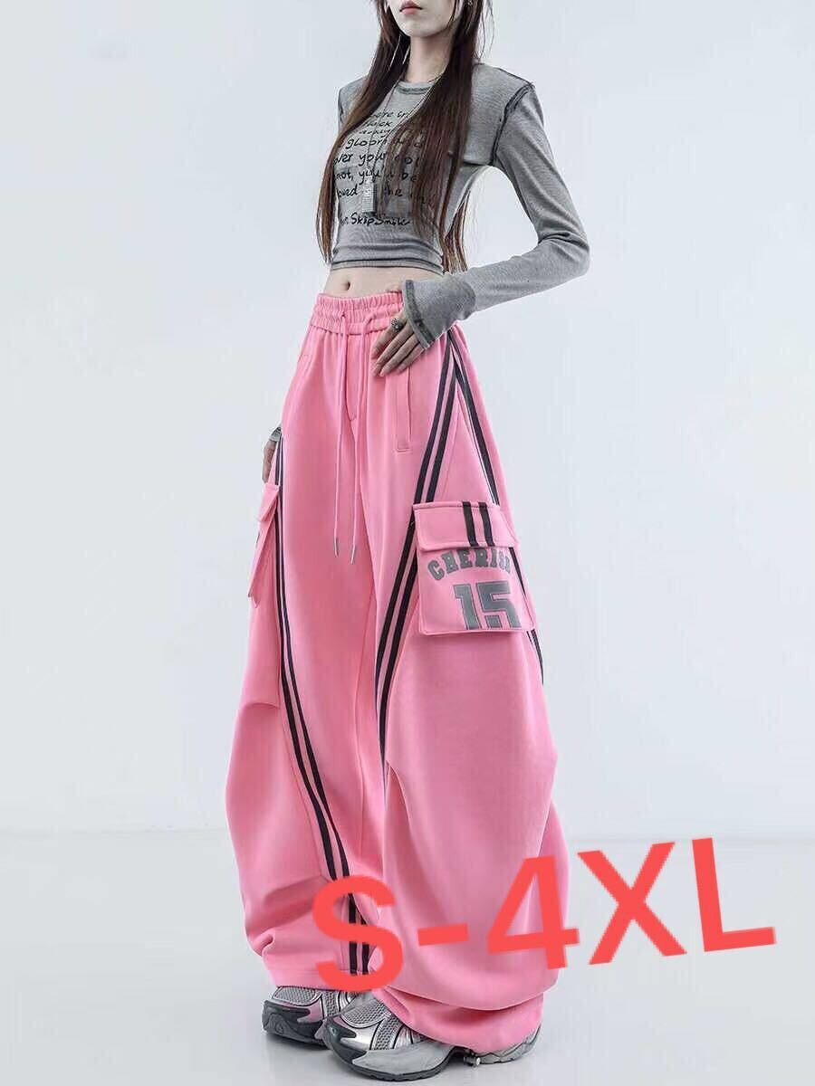 ワイドパンツ レディース 春 秋 大きいサイズ サイドライン シンプル ウエストゴム イージーパンツ ダンスウエア LPGA096(4色S-4XL)拍卖