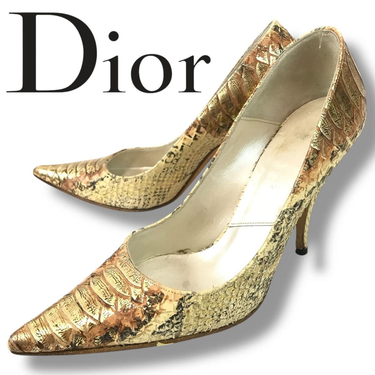 d286 Christian Dior ディオール パイソンレザー パンプス ゴールド ハイヒール 35.5 イタリア製 フォーマル シューズ 正規品拍卖
