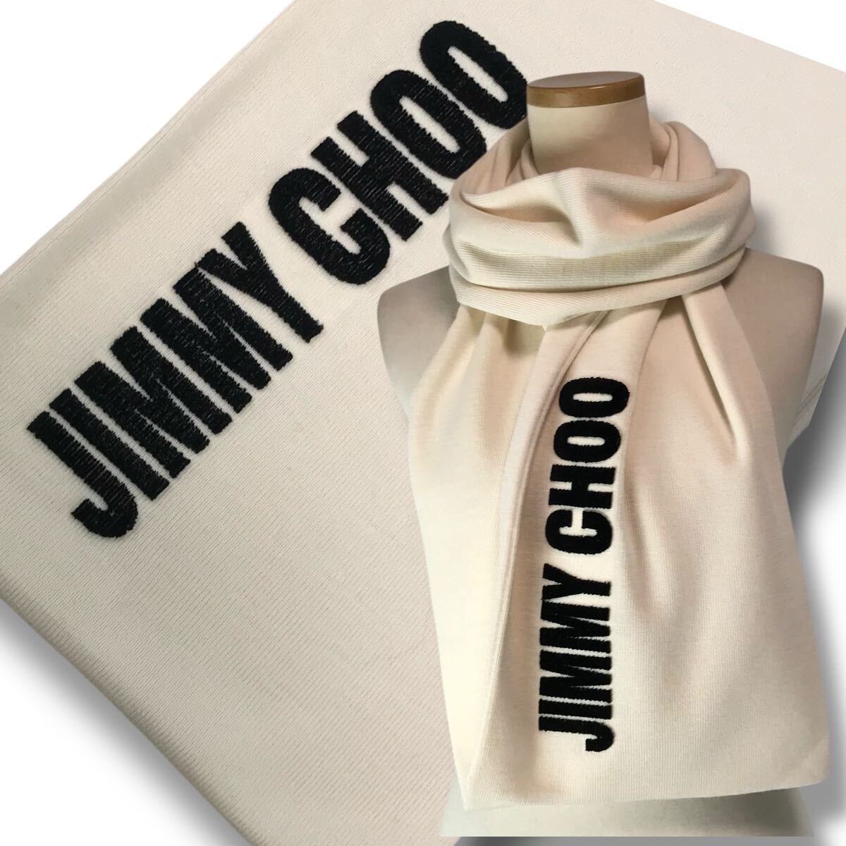 e74 良品 JIMMY CHOO ジミーチュウ ロゴ マフラー ニット ロングマフラー ウール 50% 羊毛 イタリア製 正規品拍卖