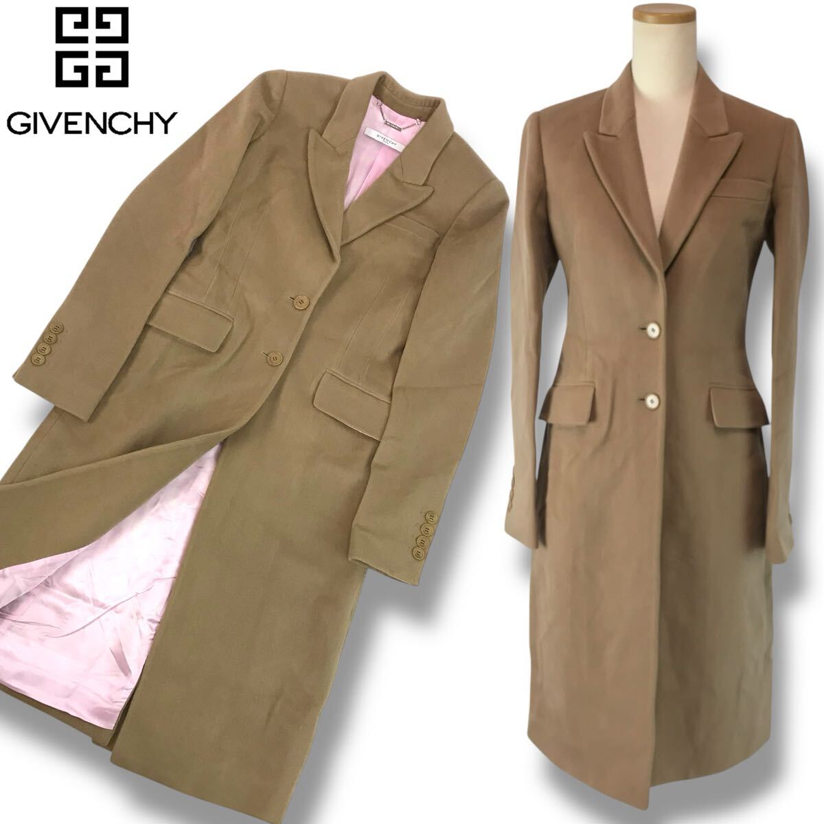 e79 GIVENCHY ジバンシィ ウール×カシミヤ ロングコート ロングジャケット アウター チェスターコート ベージュ 34 イタリア製 正規品拍卖