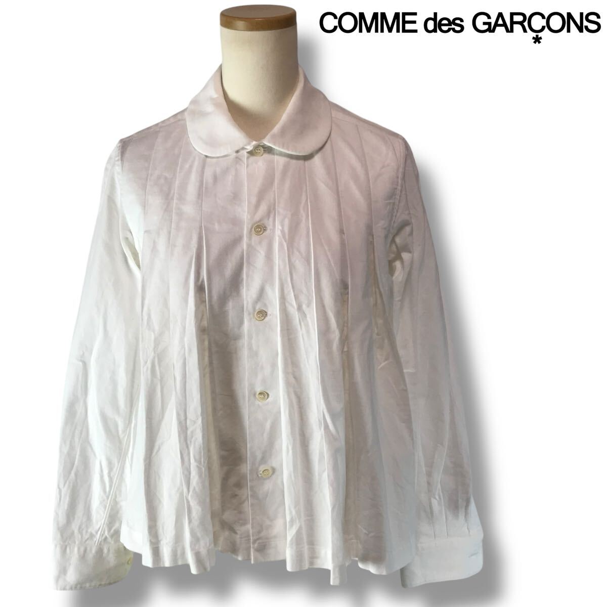 e87 COMME des GARCONS コムデギャルソン ピーターパンカラー プリーツ ブラウス 長袖シャツ ホワイト XS 日本製 正規品 コットントップス拍卖