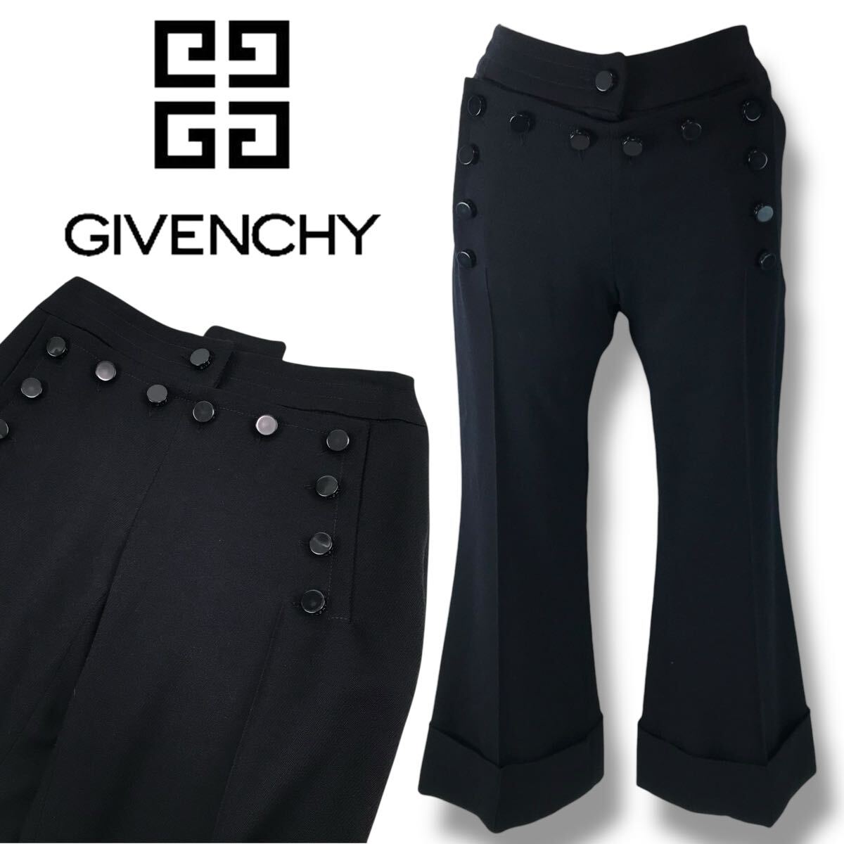 e91 良品 GIVENCHY ジバンシィ ウール セーラー パンツ ワイドパンツ ネイビー フォーマル 36 フランス製 毛96% レディース ボトム 正規品拍卖