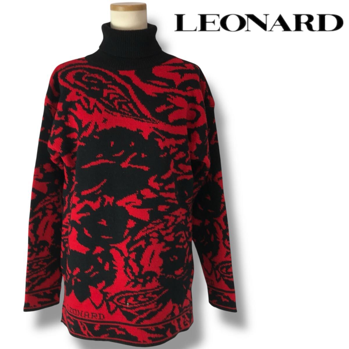 e105 Vintage LEONARD レオナール タートルネック ニット トップス ハイネック セーター レディース フランス製 レッド ブラック 正規品拍卖