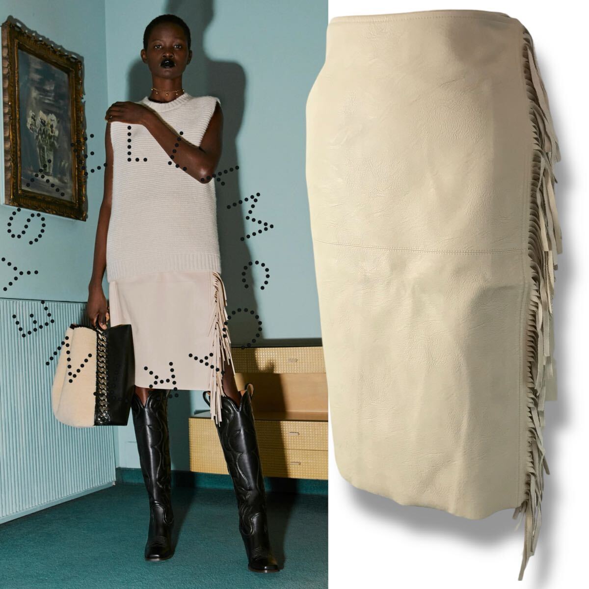 e109 STELLA McCARTNEY 2022 ステラマッカートニー フリンジ エコレザー 膝丈スカート ラップスカート タイト 34 イタリア製 正規品拍卖