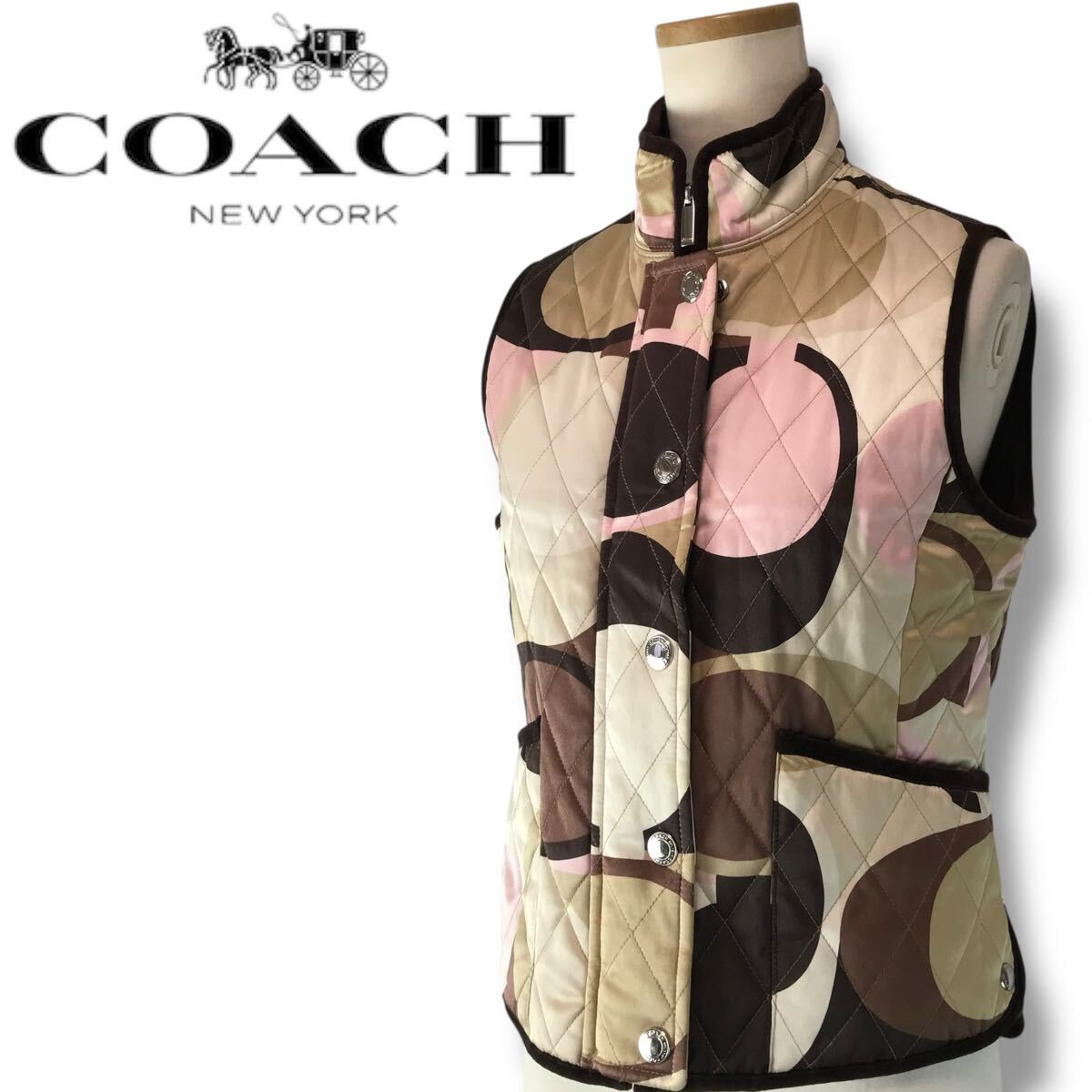 c113 COACH コーチ シグネチャー パッファー ベストキルティング 中綿ベスト XS シルク ナイロン ブラウン系 レディース 正規品 アウター拍卖