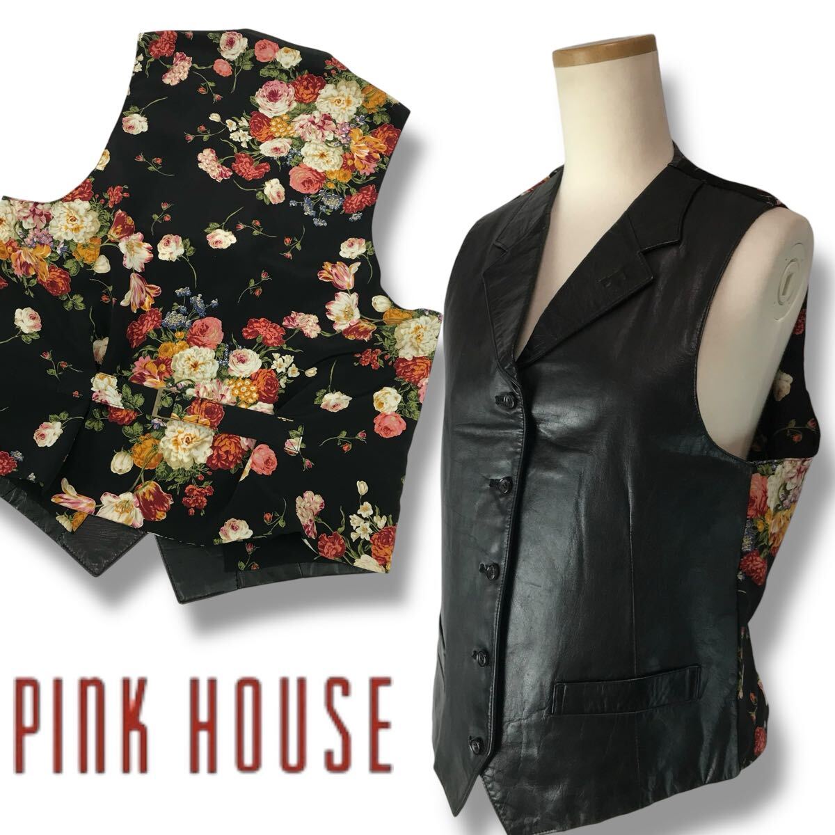 e131 Vintage レア PINK HOUSE ピンクハウス レザーベスト ジレ 本革 ブラック 花柄 フラワー 希少 アウター 正規品 レディース拍卖