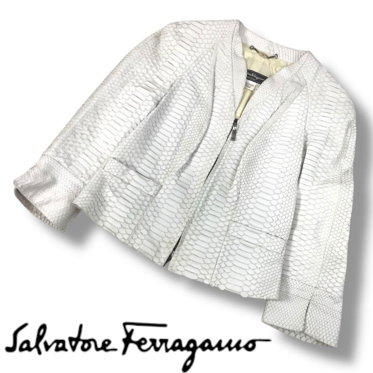 e135 Vintage Salvatore Ferragamo サルヴァトーレフェラガモ パイソンレザー ジャケット ジップアップ ホワイト ライダース 本革 正規品拍卖