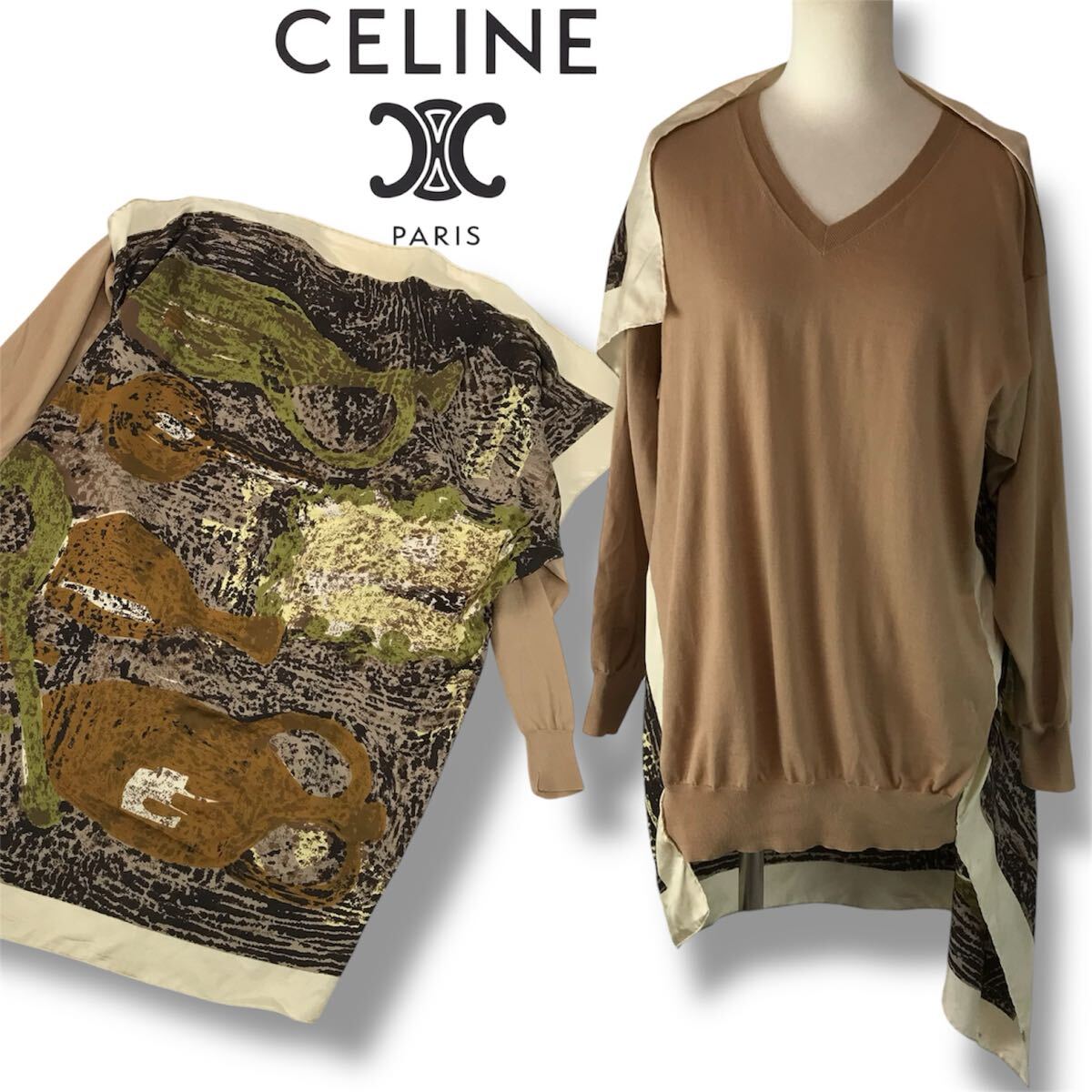 e162 レア CELINE セリーヌ スカーフ ドッキング ニット トップス チュニック ウール シルク 毛100% 絹100% 正規品 レディース S Vintage拍卖