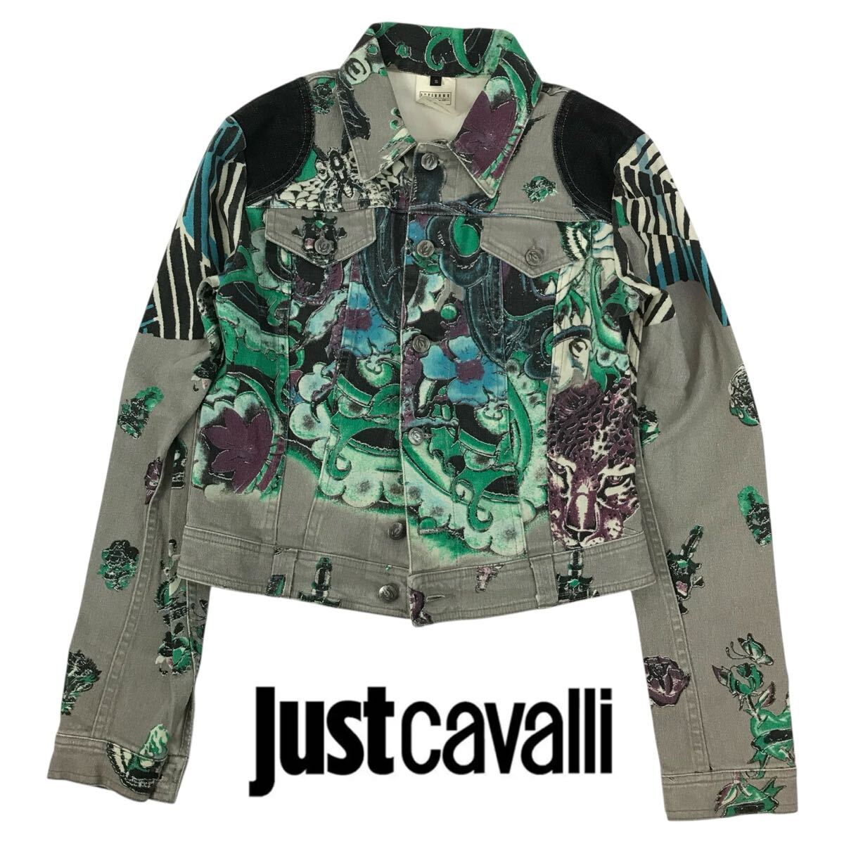 e176 Vintage レア Just Cavalli ジャスト カヴァリ デニム ジャケット 総柄 Gジャン グレー S イタリア製 レディース 正規品拍卖