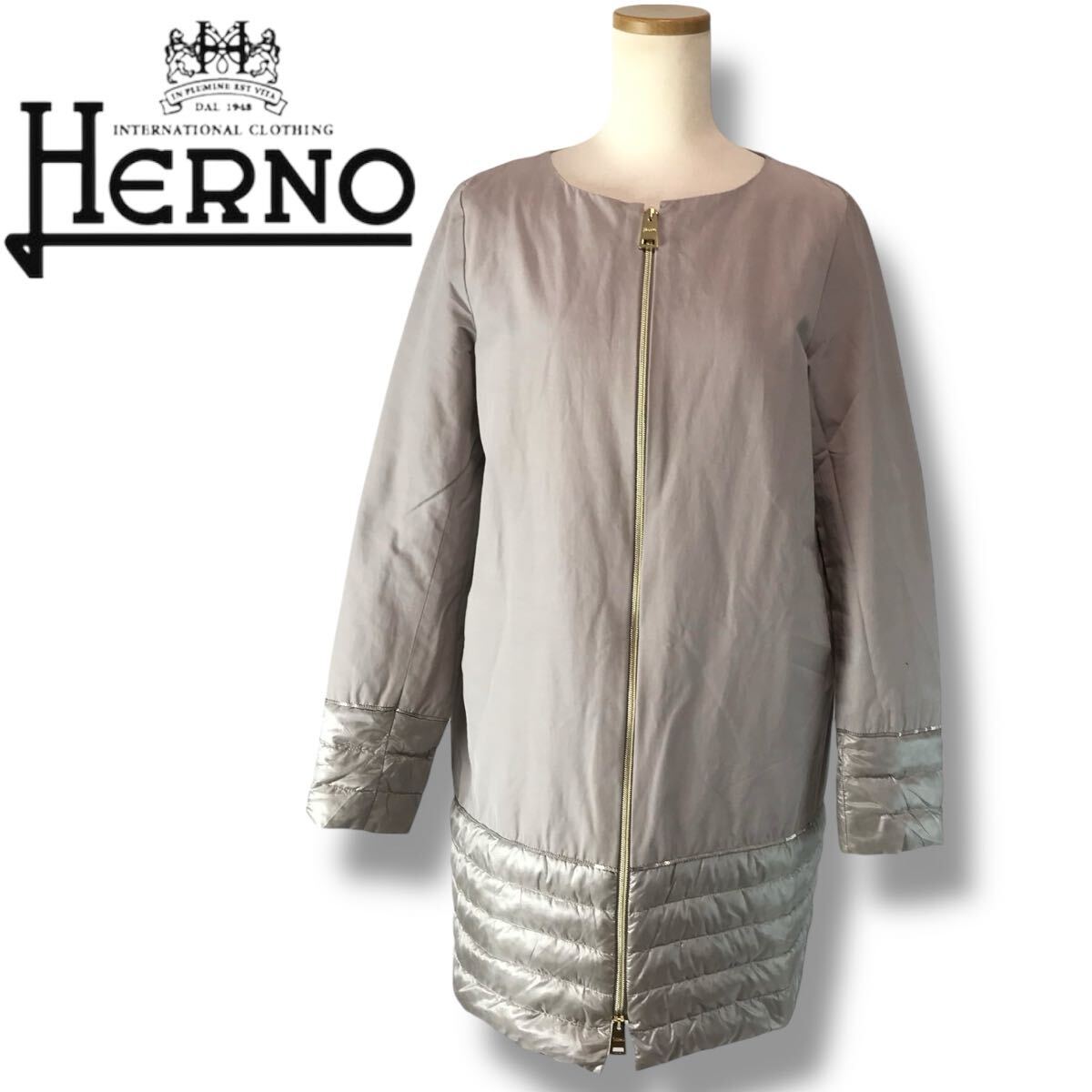 e179 HERNO ヘルノ ノーカラー ダウンコート ダウンジャケット グレー スパンコール 42 ナイロン100% レディース 春秋 アウター 正規品拍卖