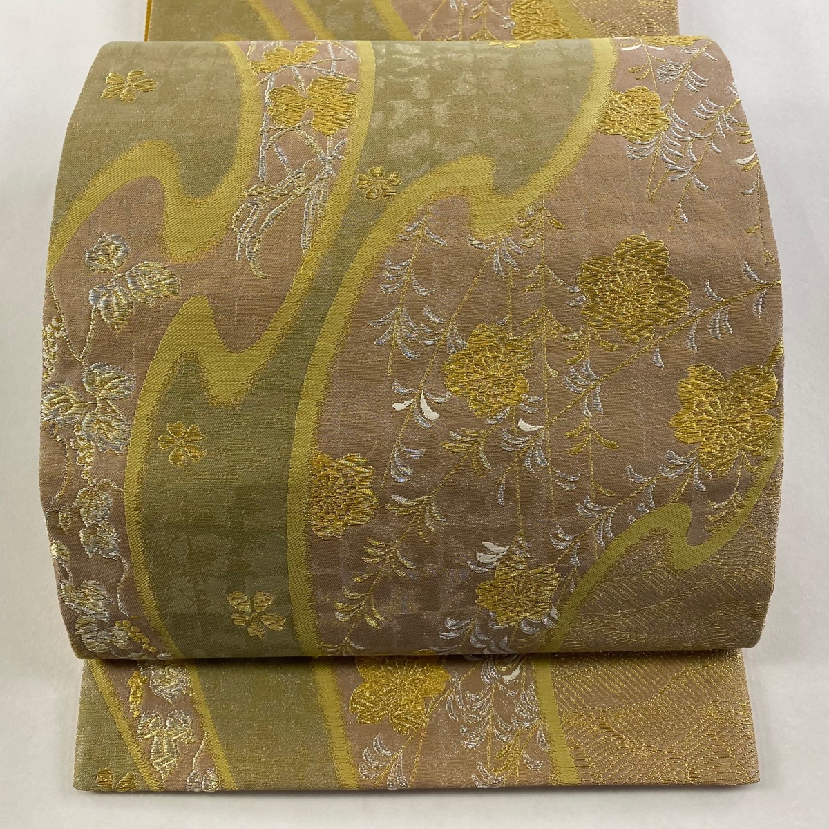 【美品】 袋帯 名品 桜 波 金銀糸 小豆色 六通 正絹 【中古】拍卖