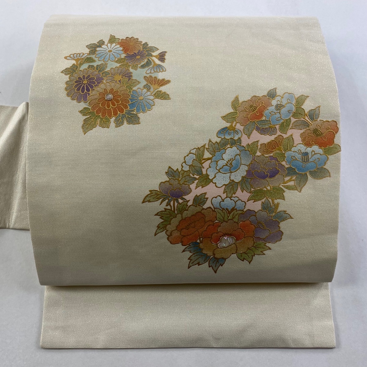 【美品】 名古屋帯 名品 花丸文 金彩 箔 ベージュ 正絹 【中古】拍卖