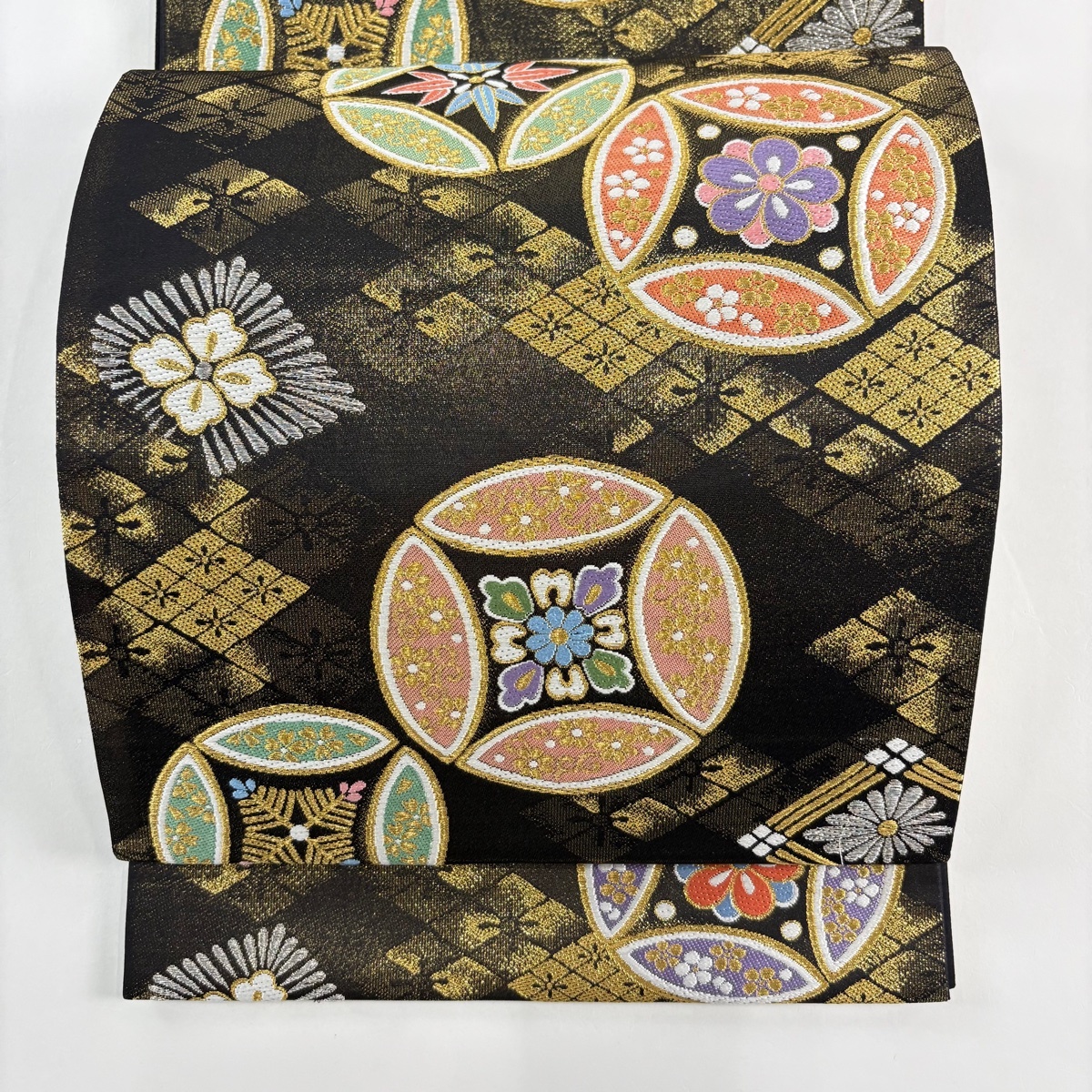 【美品】 袋帯 秀品 やまと 七宝 松竹梅 箔 唐織 黒 六通 正絹 【中古】拍卖