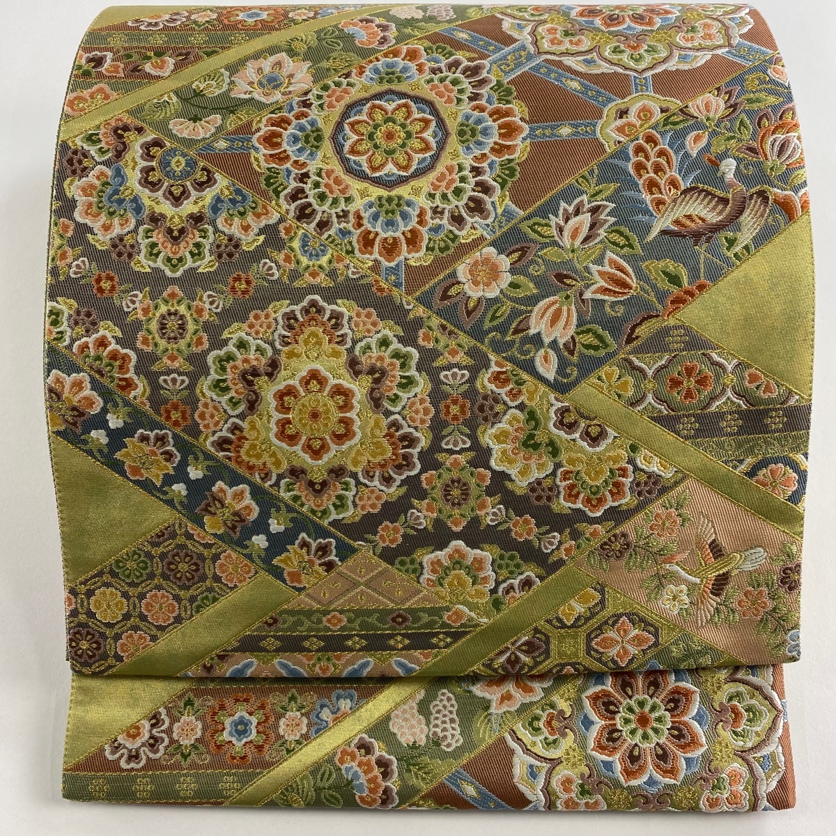 【美品】 袋帯 秀品 桧垣取華文 花鳥 箔 金糸 鶯色 六通 正絹 【中古】拍卖