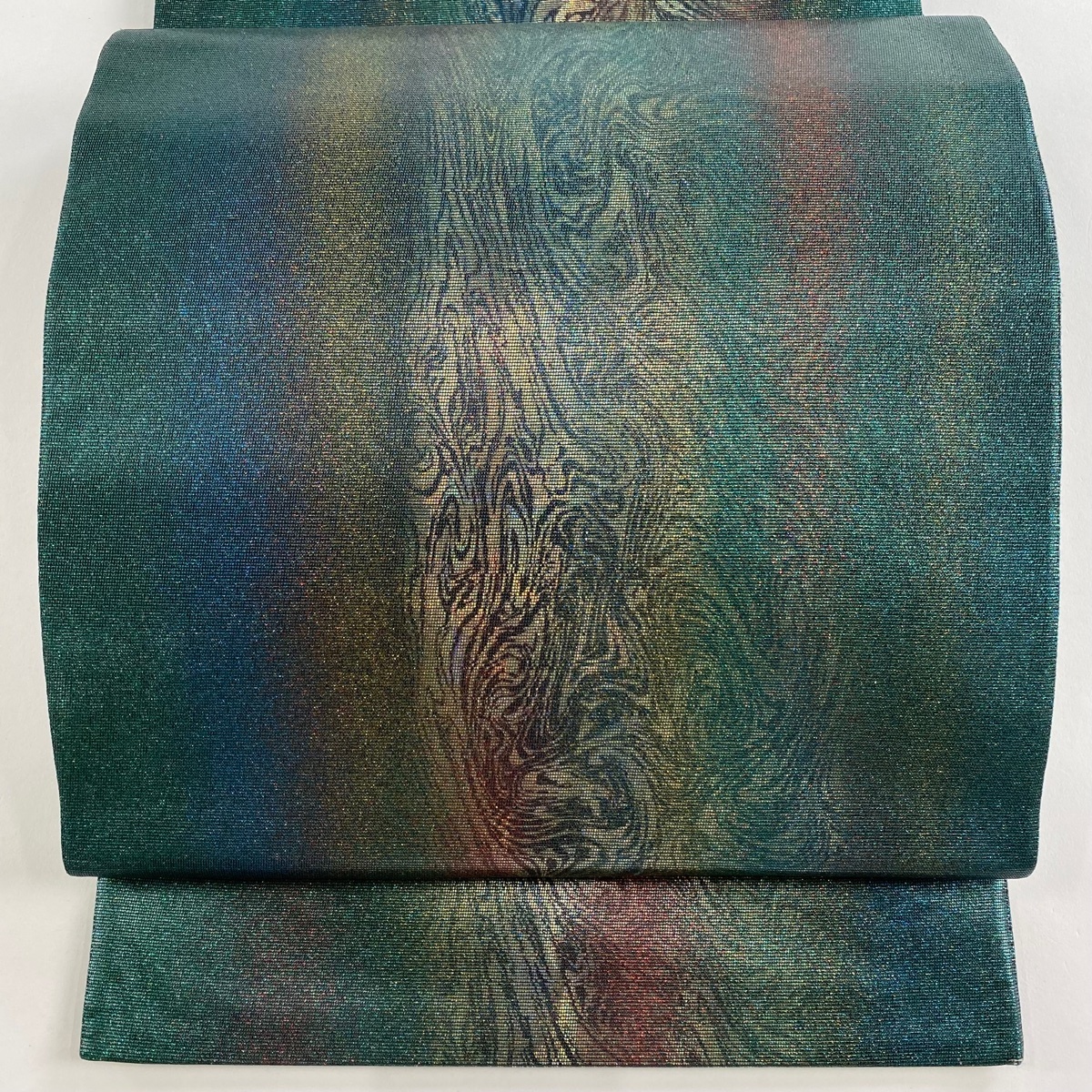 【美品】 袋帯 秀品 墨流し柄 箔 緑 六通 正絹 【中古】拍卖