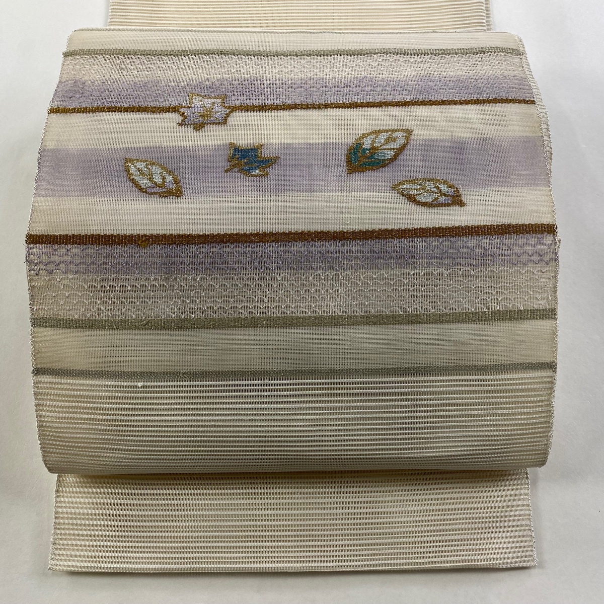 【美品】 名古屋帯 優品 夏帯 絽 八寸名古屋帯 松葉仕立て 葉柄 縞 銀糸 ベージュ 正絹 【中古】拍卖