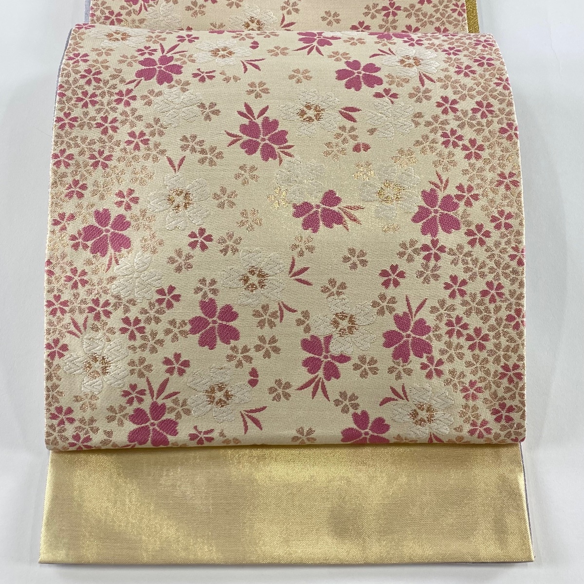 【美品】 袋帯 秀品 桜 箔 唐織 クリーム 六通 正絹 【中古】拍卖