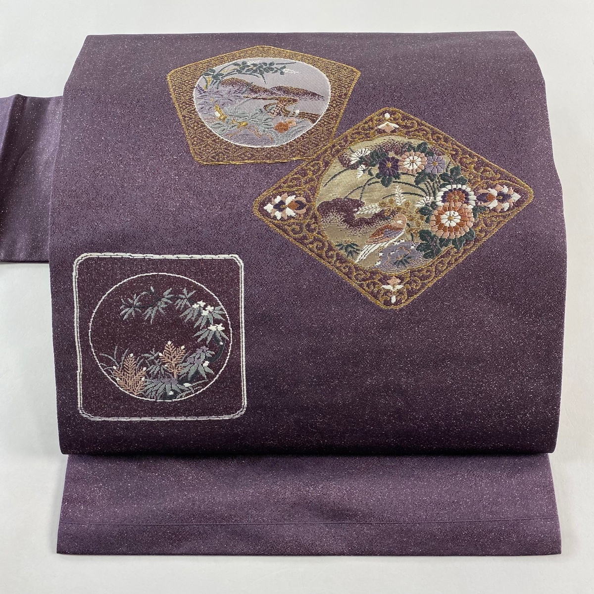 名古屋帯 優品 関西仕立て 草花 鳥 金糸 箔 紫 正絹 【中古】拍卖