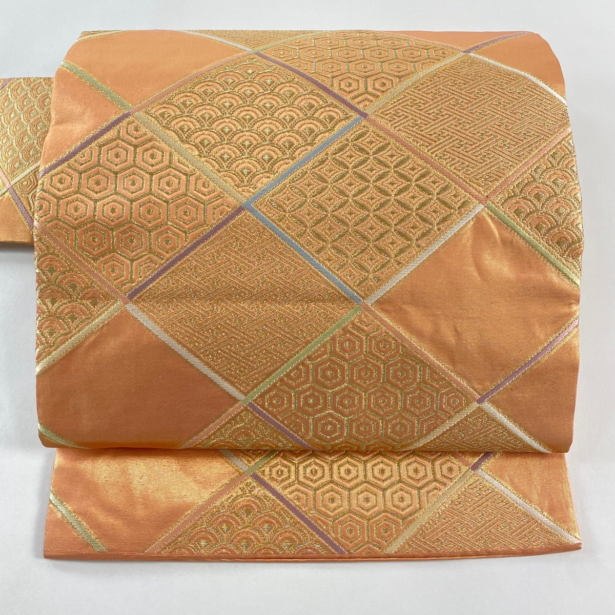 名古屋帯 優品 斜め格子 有職文様 金糸 箔 サーモンピンク 正絹 【中古】拍卖