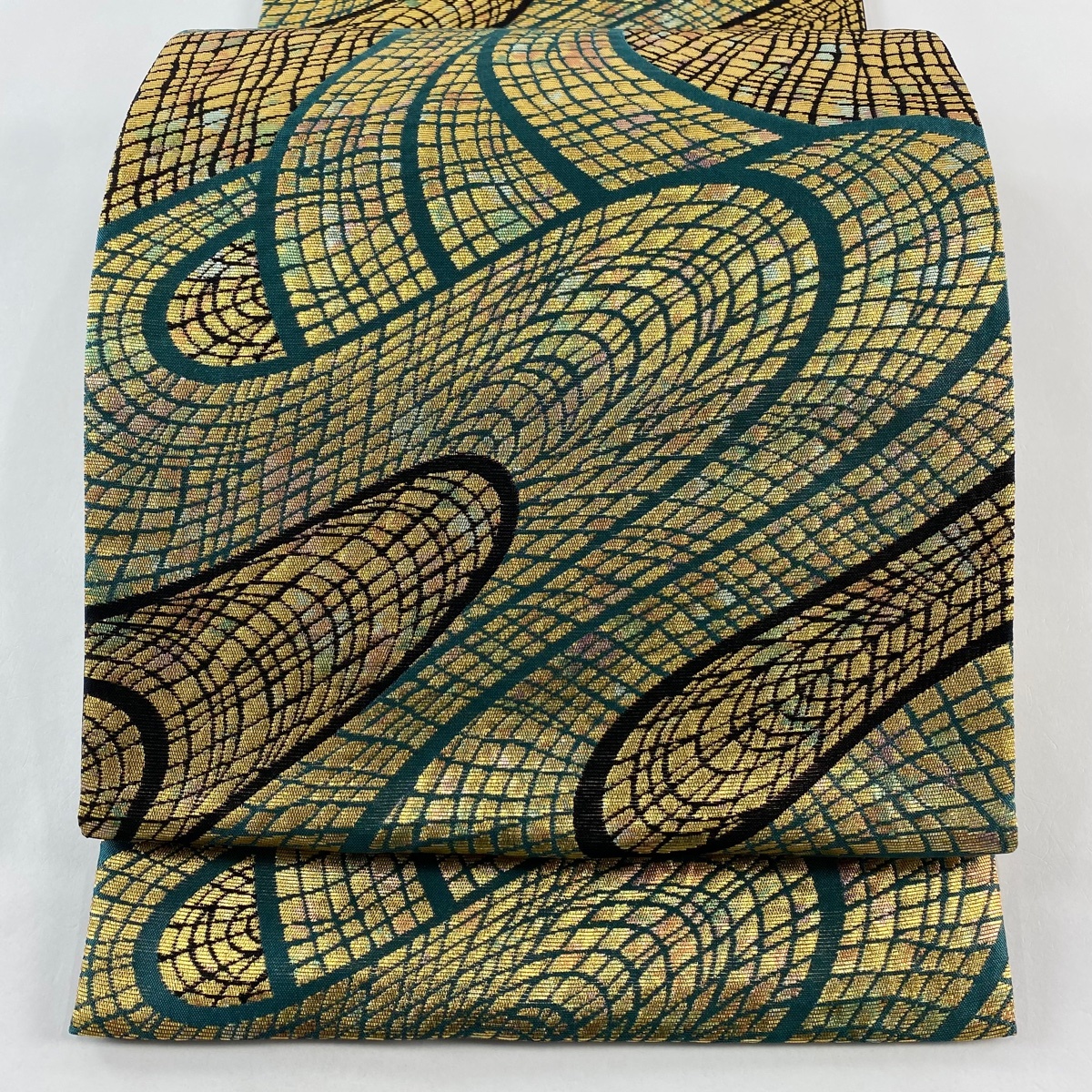 袋帯 秀品 鈴乃屋 幾何学模様 流水 箔 金色 全通 正絹 【中古】拍卖