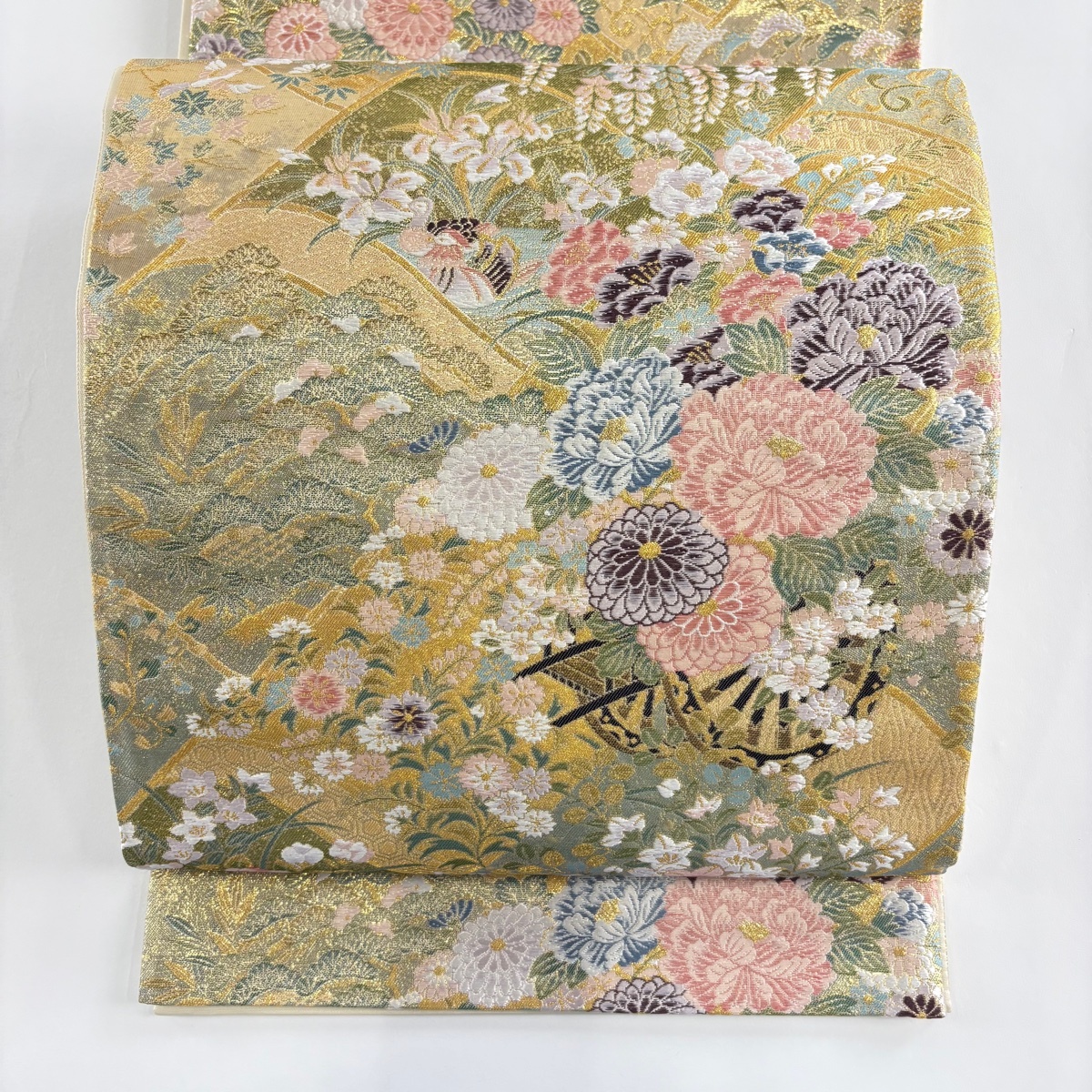【美品】 袋帯 秀品 花車 花鳥 箔 唐織 金色 六通 正絹 【中古】拍卖