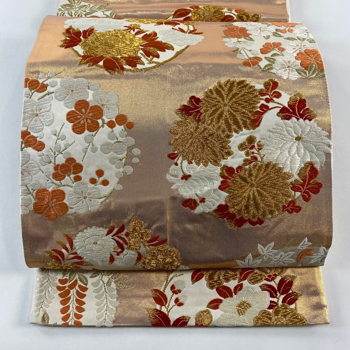 袋帯 名品 河合美術織物 花丸文 唐織 金糸 オレンジ 六通 正絹 【中古】拍卖