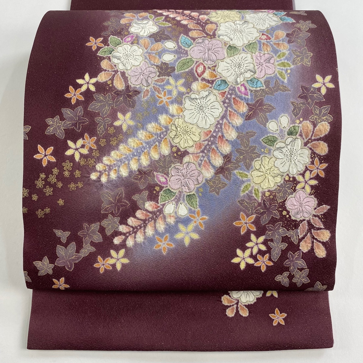 【美品】 袋帯 名品 落款 辻が花 銀糸 金彩 茶紫 お太鼓柄 正絹 【中古】拍卖