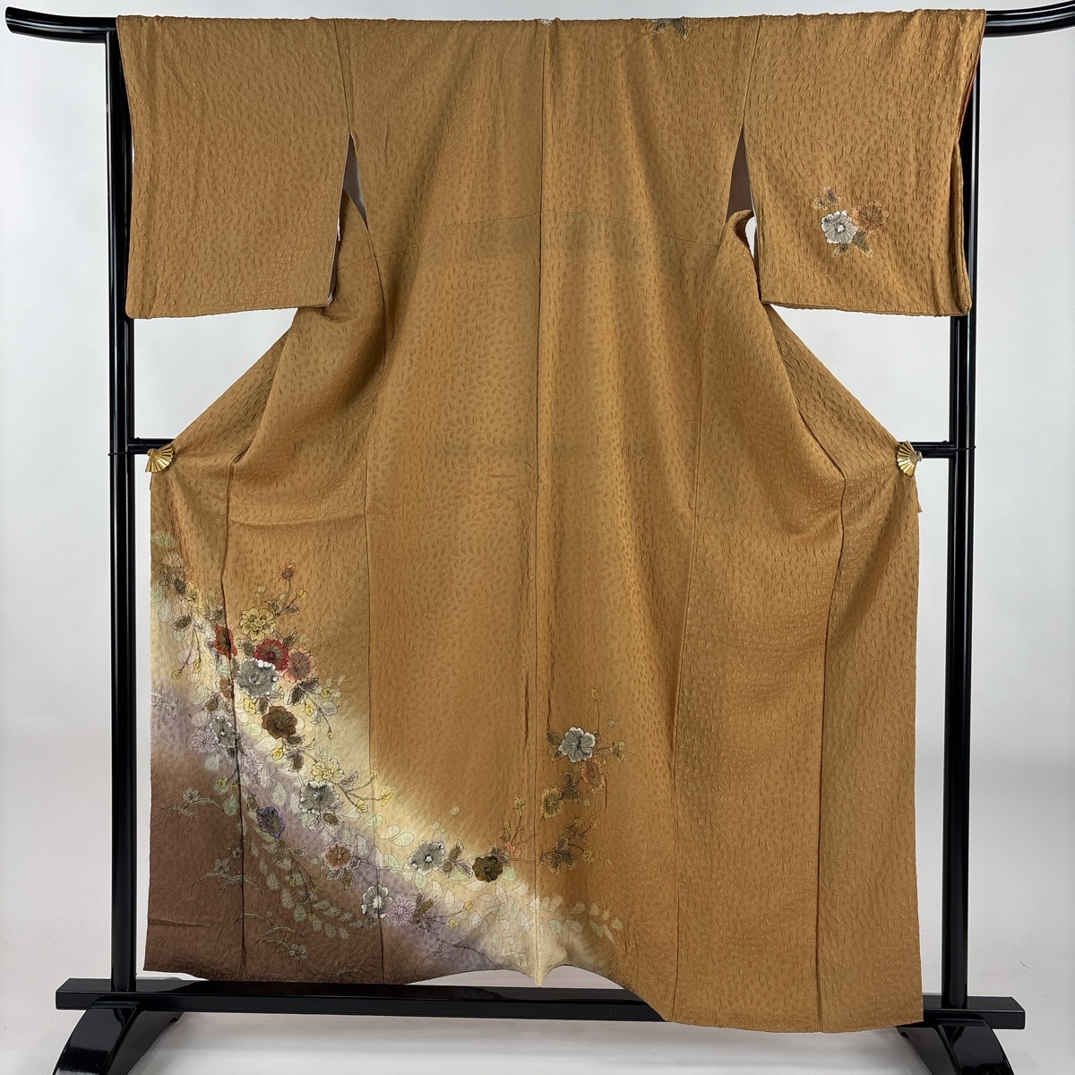 訪問着 身丈158cm 裄丈68cm L 袷 辻が花 金銀彩 染め分け 山吹茶色 正絹 名品 一つ紋 【中古】拍卖