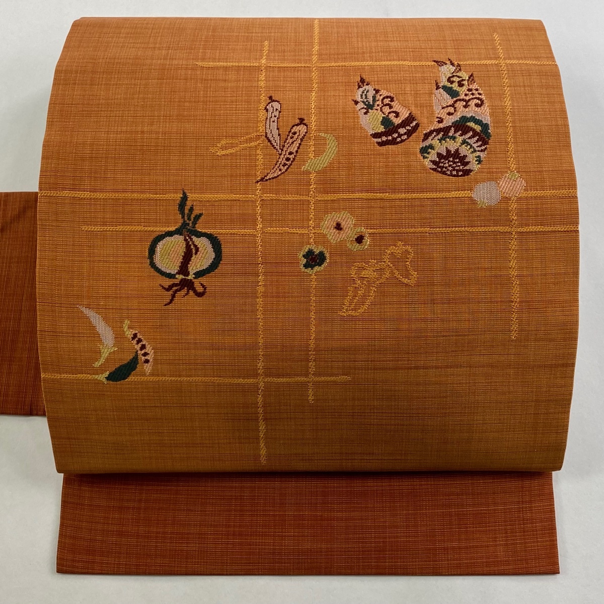 【美品】 名古屋帯 秀品 紬地 生り物 花 赤茶 正絹 【中古】拍卖