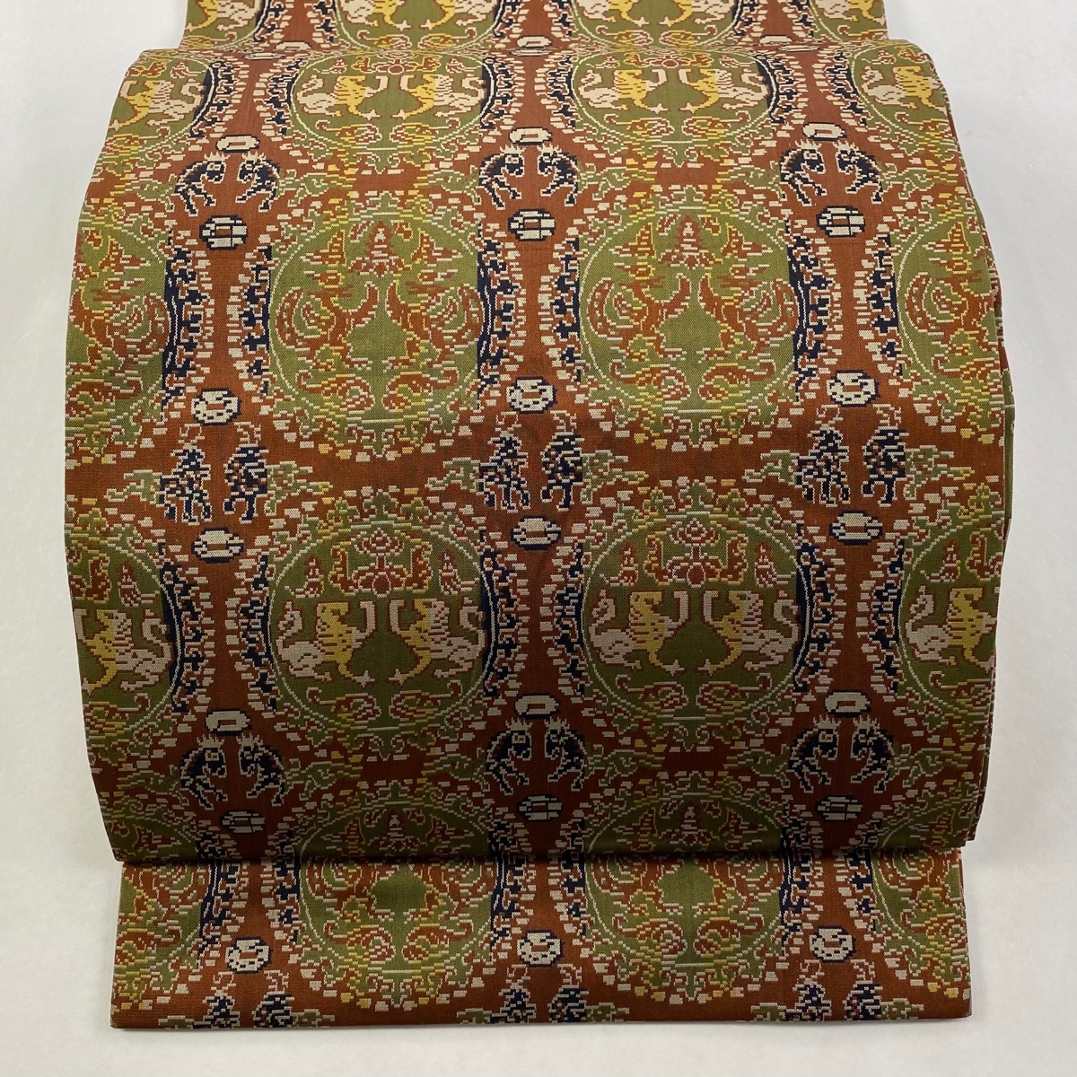 【美品】 開き名古屋帯 逸品 龍村美術織物 円文白虎朱雀文 茶色 正絹 【中古】拍卖