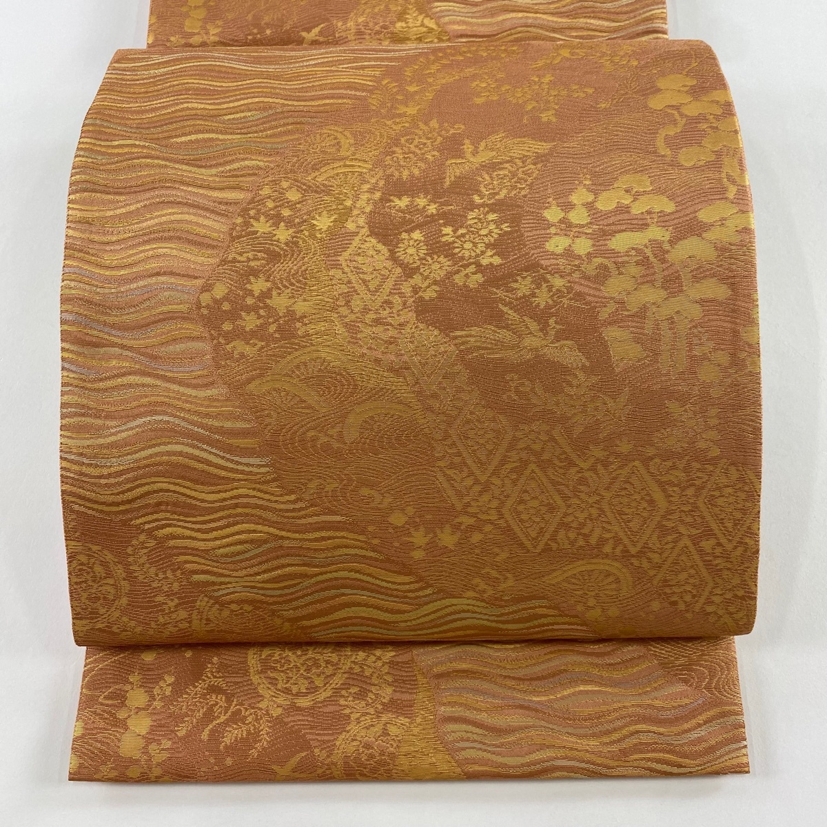 【美品】 袋帯 秀品 箔屋清兵衛 落款 西陣織 花鳥 源氏車 箔 オレンジ 六通 正絹 【中古】拍卖