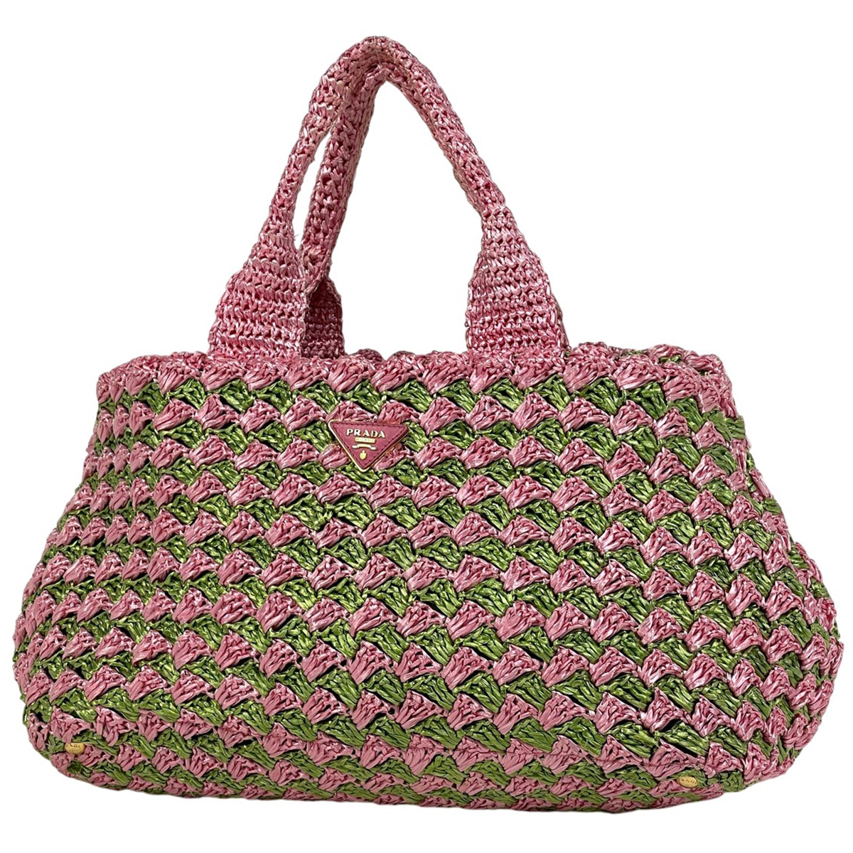 プラダ PRADA ロゴプレート トートバッグ ハンドバッグ かごバッグ トートバッグ ラフィア ピンク グリーン BN2303 レディース 【中古】拍卖