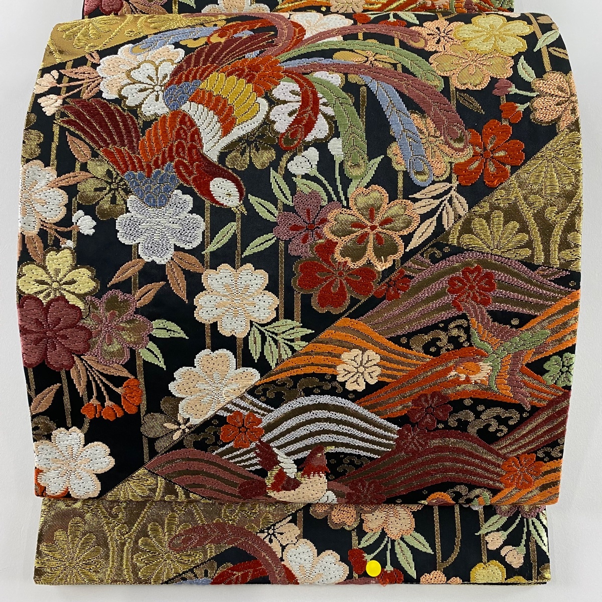 袋帯 秀品 関西仕立て 鳳凰 桜 唐織 箔 黒 六通 正絹 【中古】拍卖
