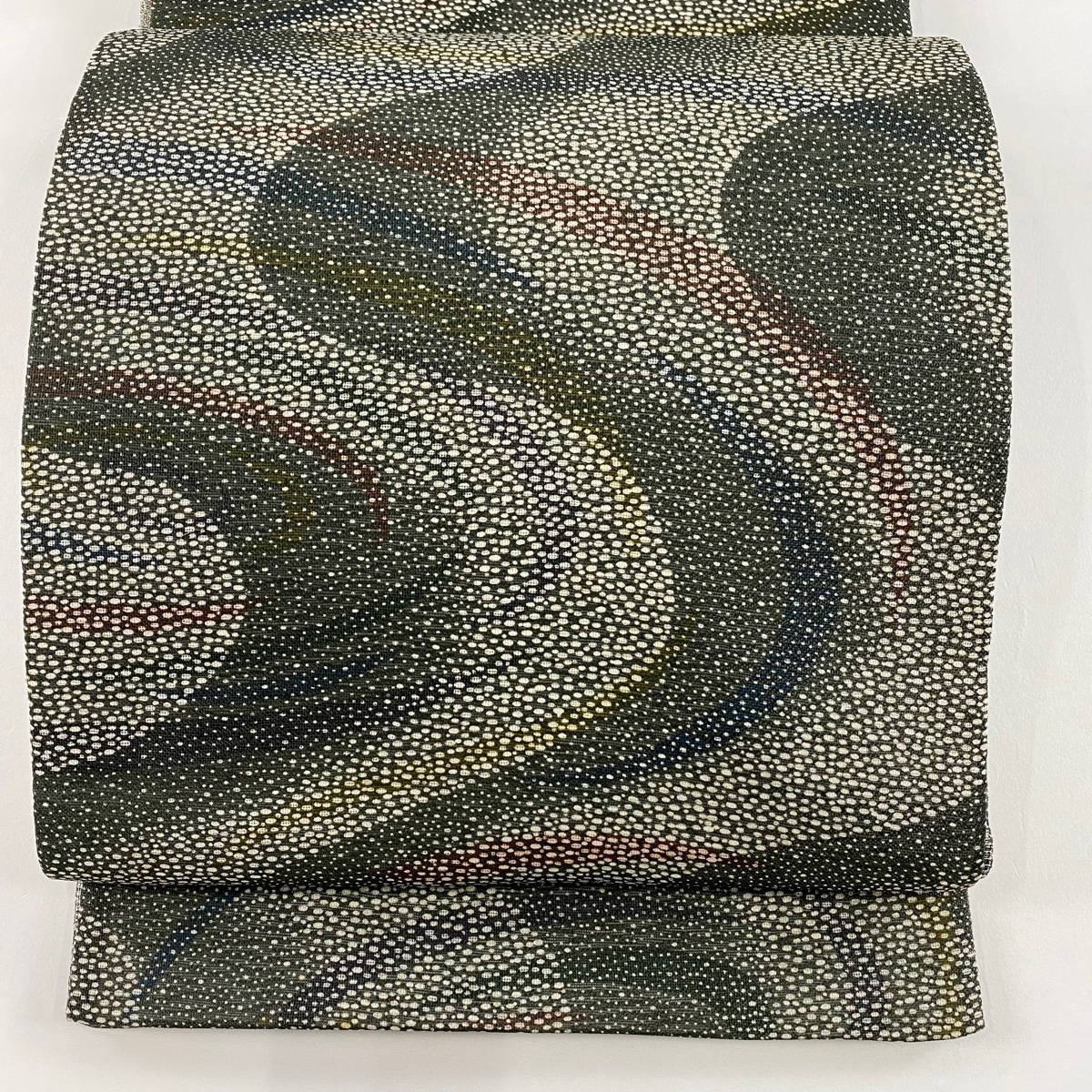 【美品】 袋帯 名品 吉兵衛 落款 波 深緑 全通 正絹 【中古】拍卖