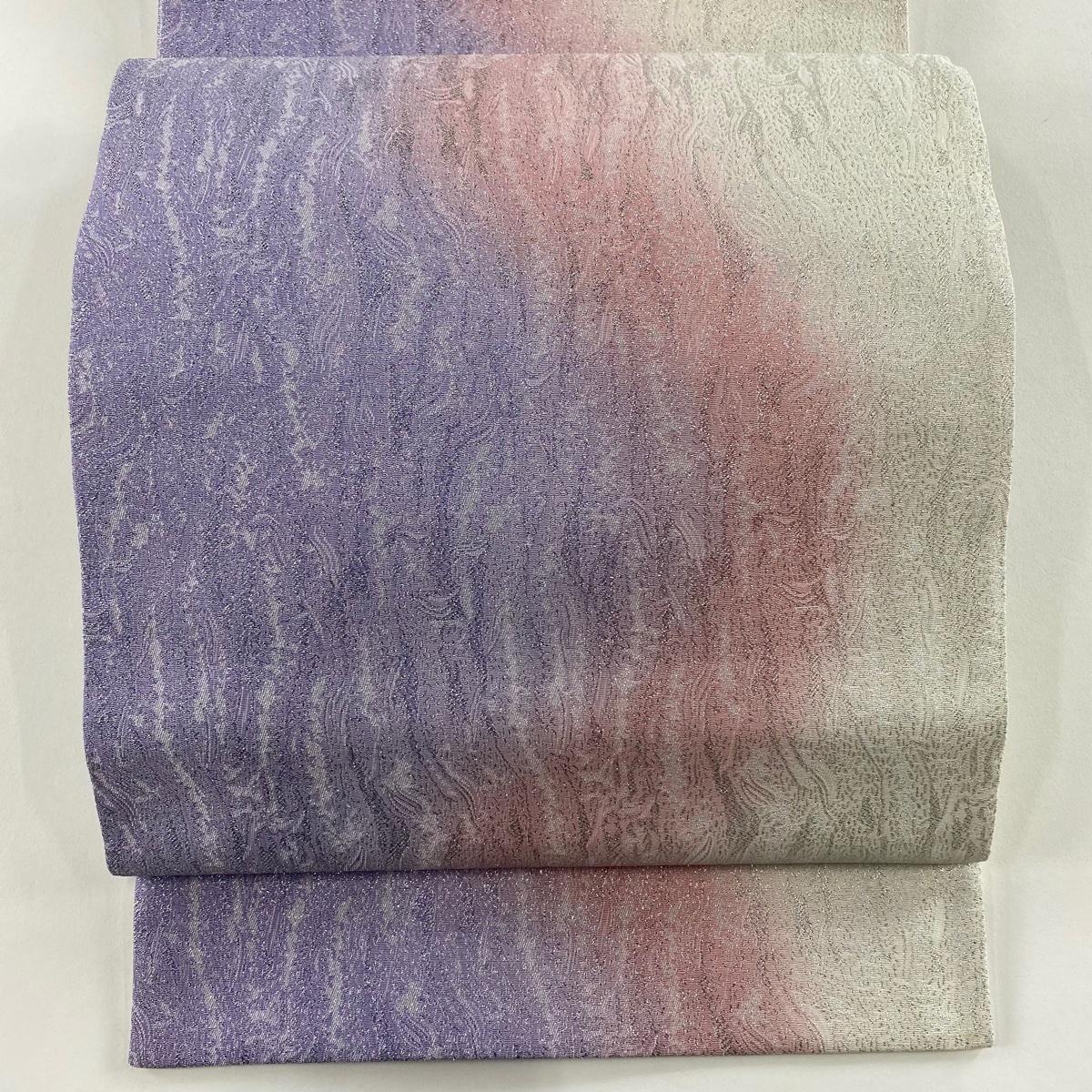 袋帯 秀品 幾何学 よろけ縞 箔 薄紫 全通 正絹 【中古】拍卖