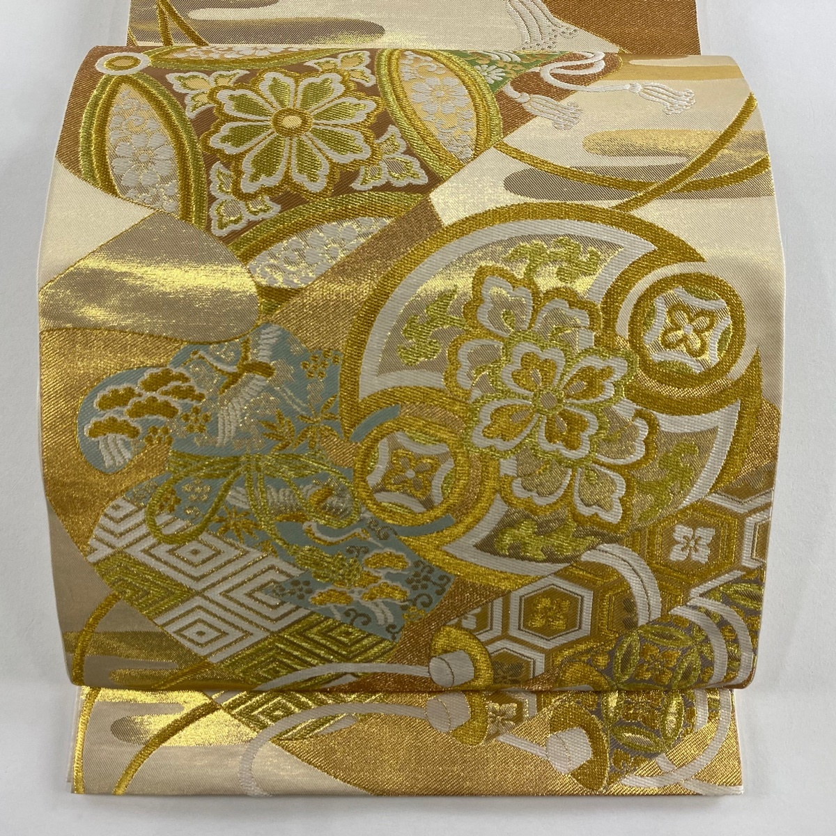 【美品】 袋帯 逸品 川島織物 落款 七宝華文 松竹梅 金糸 箔 金色 六通 正絹 【中古】拍卖