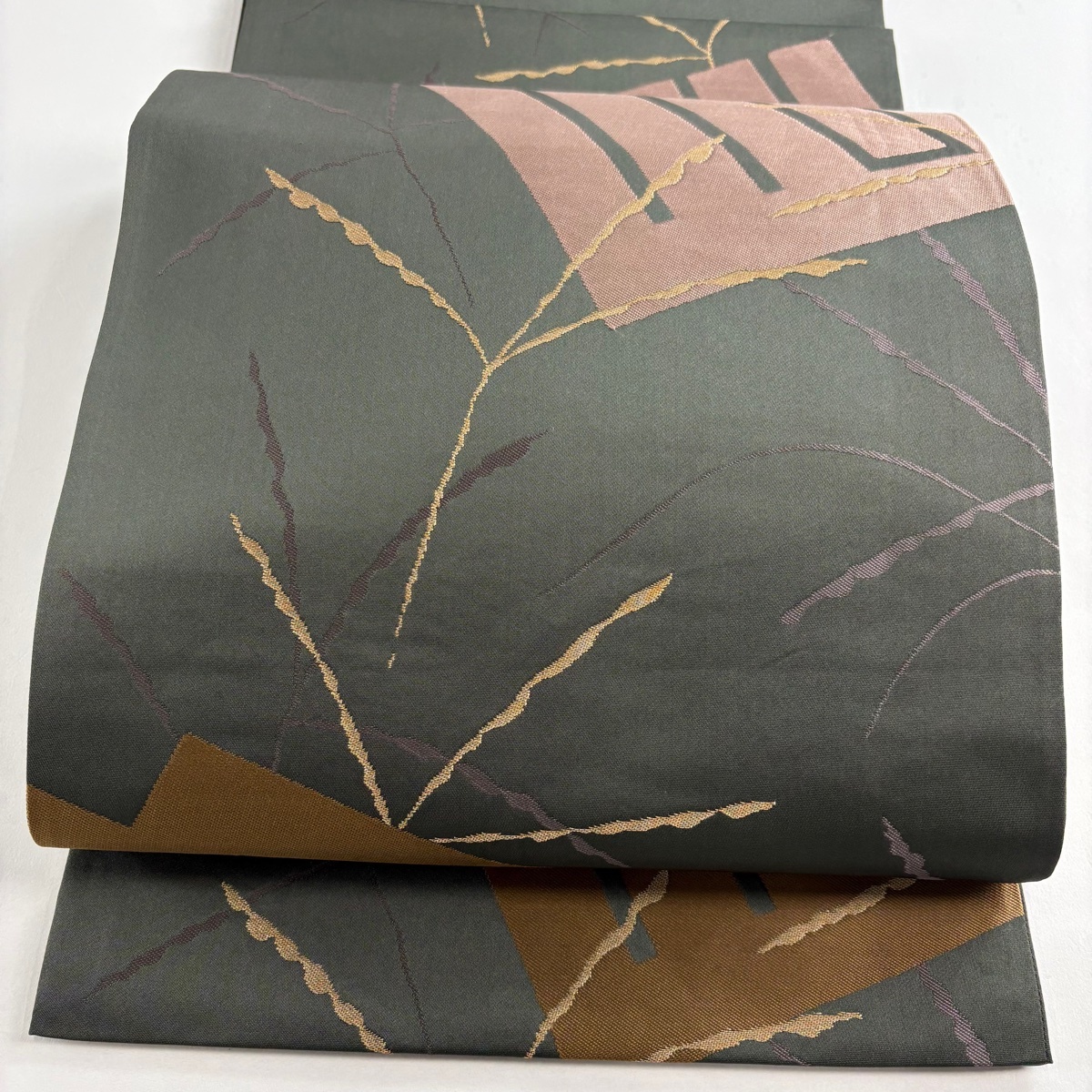 袋帯 逸品 辻村ジュサブロー 落款 源氏香 金糸 深緑 六通 正絹 【中古】拍卖