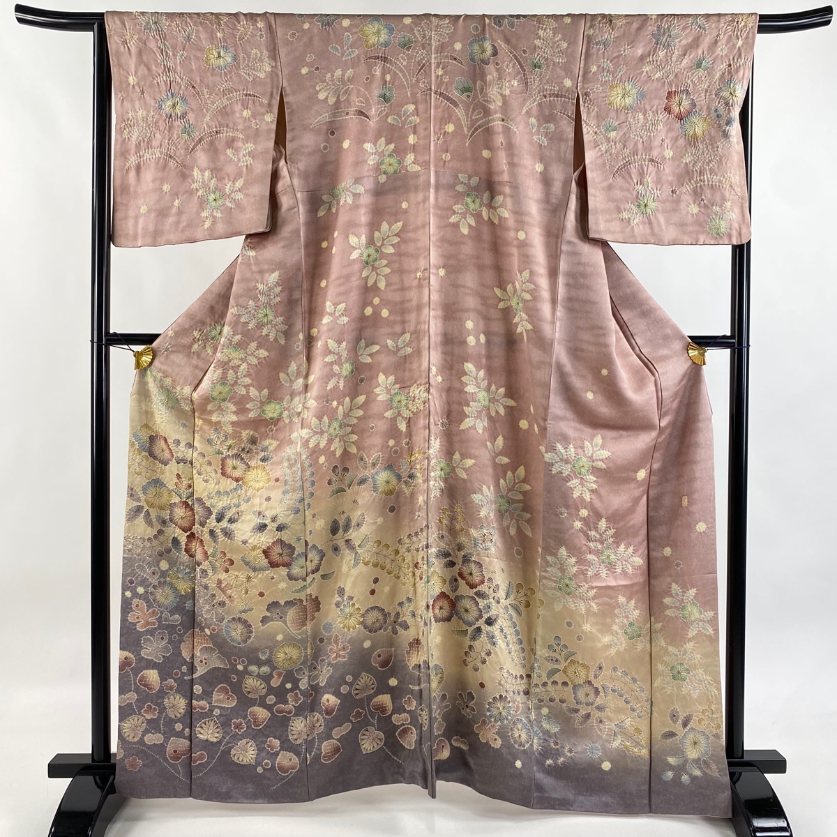 訪問着 身丈165cm 裄丈66.5cm M 袷 落款 辻が花 金通し ぼかし 薄ピンク 正絹 名品 【中古】拍卖