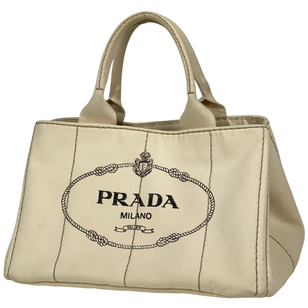 プラダ PRADA カナパトート ハンドバッグ ロゴプレート トートバッグ キャンバス ホワイト レディース 【中古】拍卖