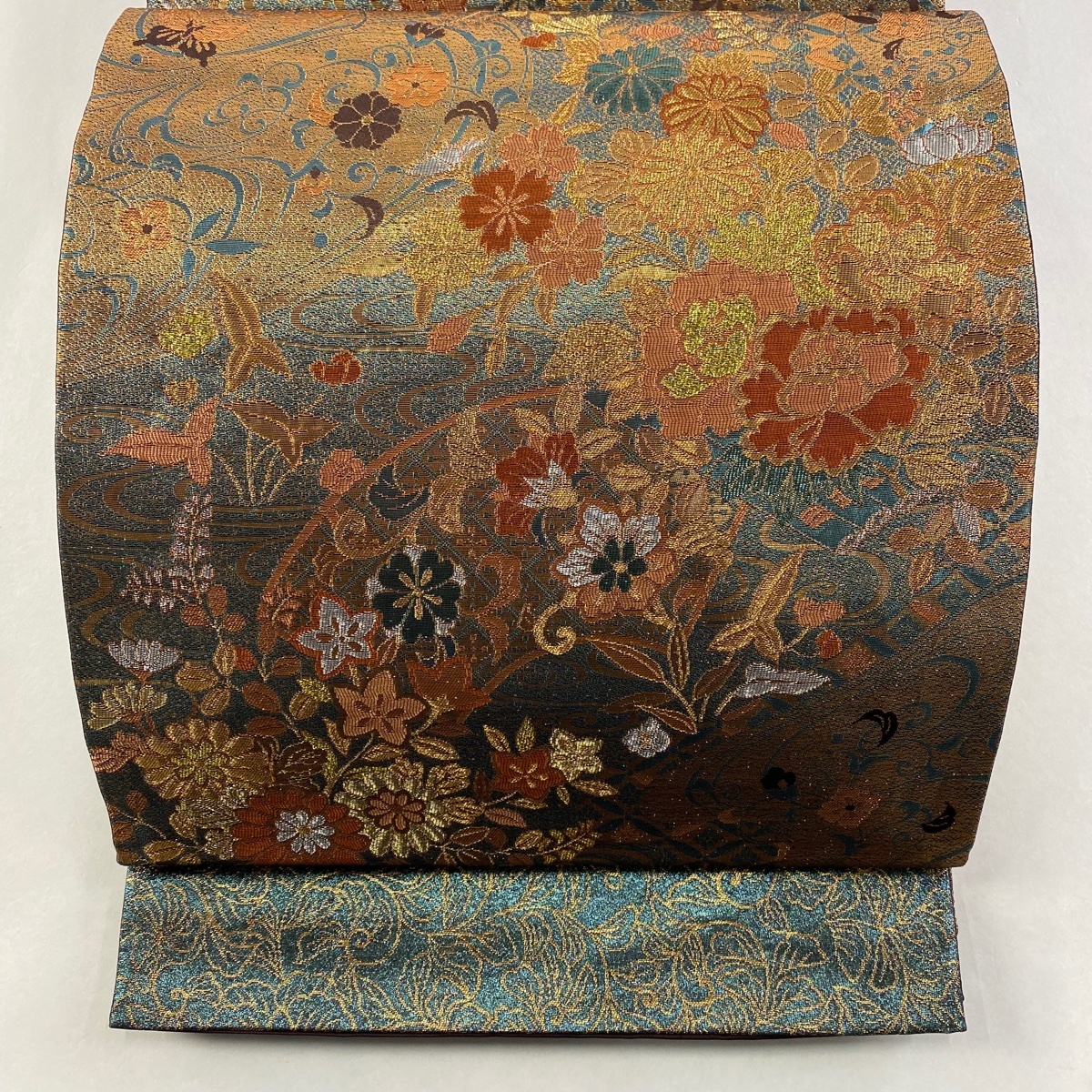 【美品】 袋帯 秀品 草花 金銀糸 箔 金茶 六通 正絹 【中古】拍卖