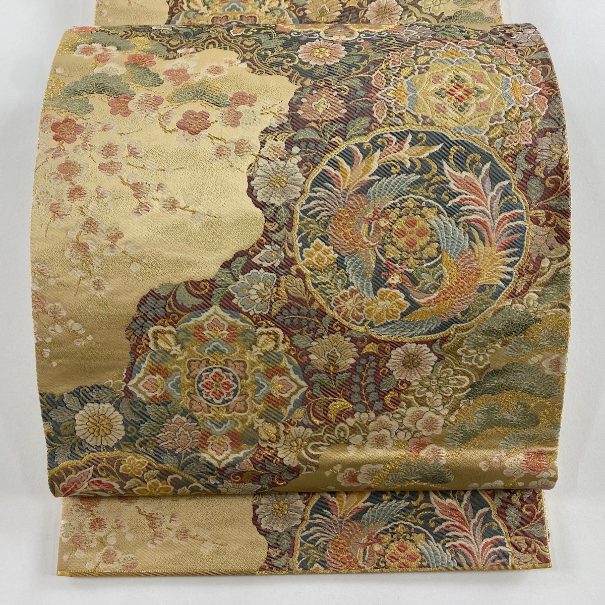 【美品】 袋帯 秀品 鏡裏文 華文 金糸 ベージュ 六通 正絹 【中古】拍卖