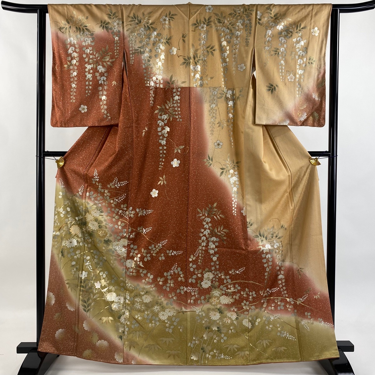 【美品】 訪問着 身丈164cm 裄丈62.5cm S 袷 秋草 金糸 金銀彩 赤茶 正絹 秀品 【中古】拍卖
