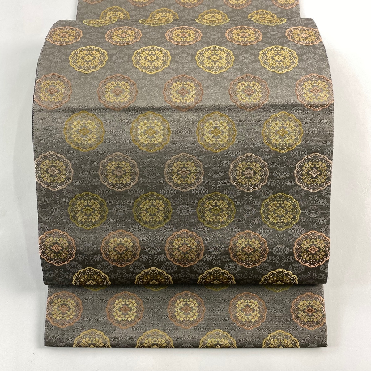 袋帯 名品 箔屋清兵衛 落款 華文 花 箔 草木染 灰茶 六通 正絹 【中古】拍卖