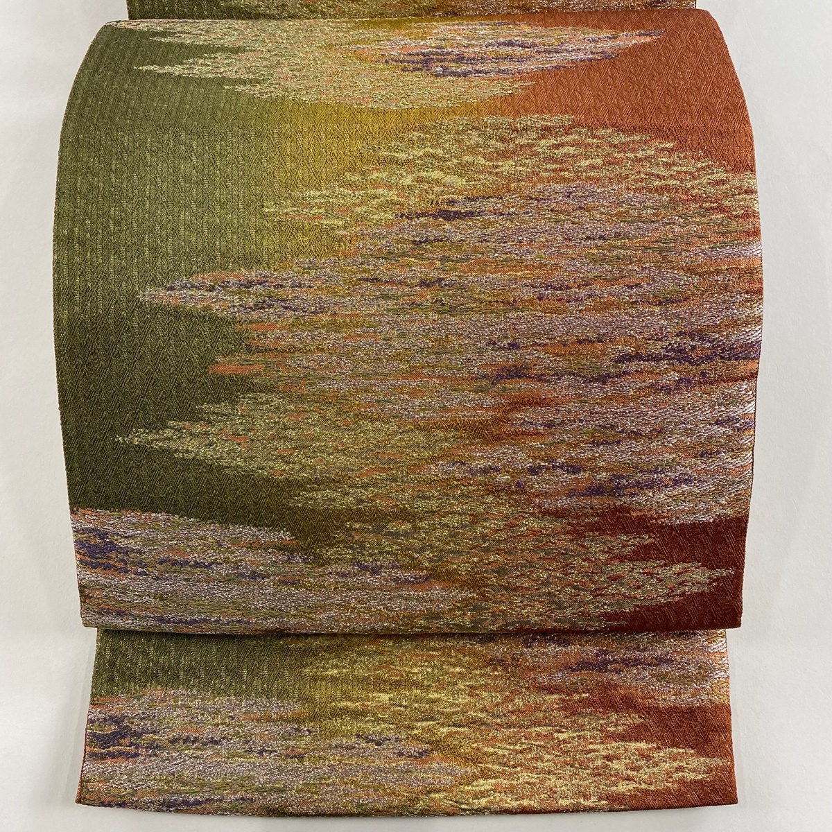 【美品】 袋帯 秀品 霞 金糸 箔 茶緑色 六通 正絹 【中古】拍卖